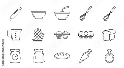 Baking ingredients and tools icons.