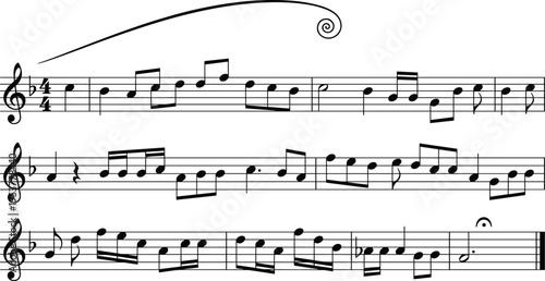 Sheet music silhouette collection, musical notation outline figure, score motif illustration, staff icon art, classical design graphic, expressive symbol image