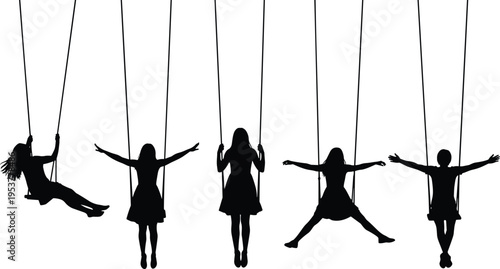 Swing silhouette collection, playful outline figure, leisure motif illustration, childhood icon art, motion design graphic, joyful posture symbol image