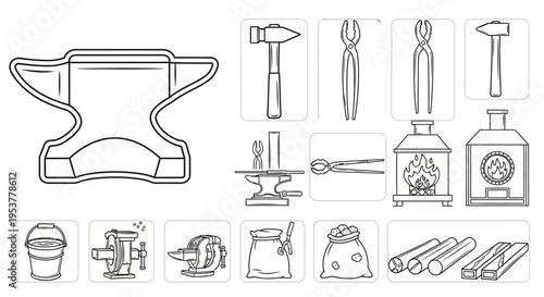 Blacksmith tools and equipment set.
