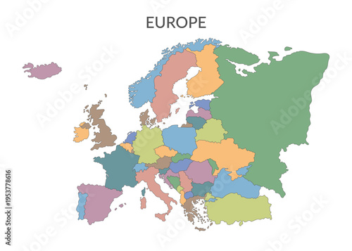 Political map of Europe. European countries borders in a flat style isolated on white background. Vector clipart.