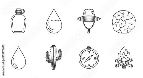 Cactus desert survival icons set.