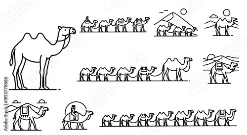 Camel caravan in desert landscape scene.