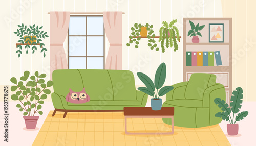 Living room interior with sofa, armchair, window, bookcase and houseplants2. Concept of relax, greening, psychotherapy, sustainability. Vector hand drawn banner.