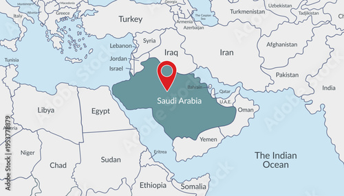 Saudi Arabia location on the world map with pin location marker3. Vector flat template.