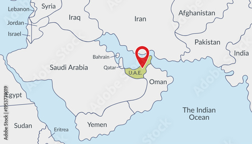 United Arab Emirates location on the world map with pin location marker3. Vector flat template.	