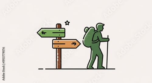 Hiker at Crossroads - Choosing a Direction with Signpost and Backpack.