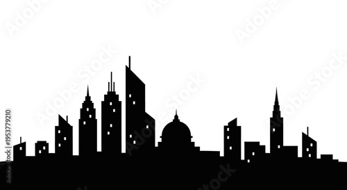 City skyline with tall buildings silhouette.