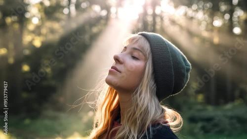 Woman enjoying nature sunlight forest relaxation peaceful moment