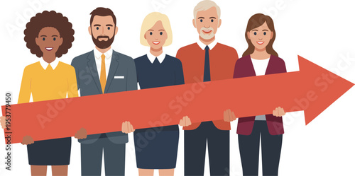 Diverse business team holding a large red arrow pointing right symbolizing corporate growth success and strategic financial direction.