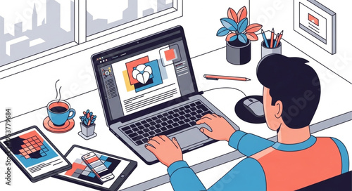 Designer Working on Laptop with Graphics Tablet and Coffee Nearby.