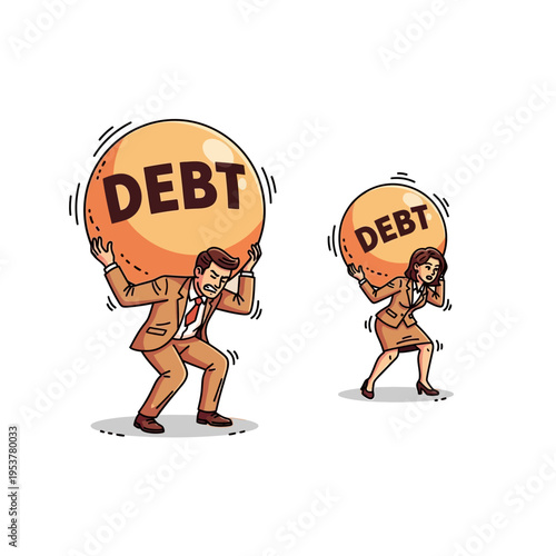 A man and a woman are struggling under the immense weight of large balls labeled 'DEBT', symbolizing financial burden and stress.