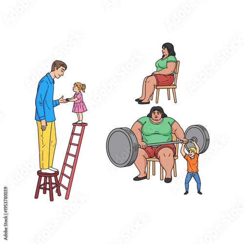 Illustrations depicting societal issues like inequality, body image, and the challenges faced by different individuals.