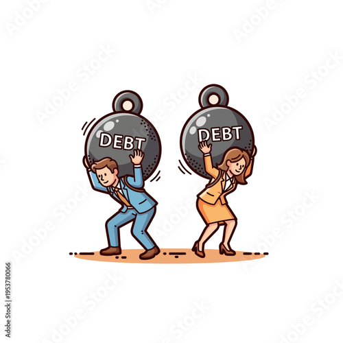 A man and a woman struggling under the heavy burden of debt, symbolizing financial stress.