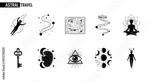 Astral travel spiritual symbols icons.