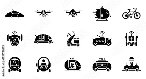 Autonomous vehicle icons with technology.