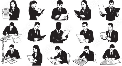 Business professionals reading documents in formal attire illustrations set