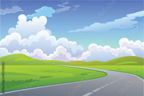 A winding road stretches through a vibrant idyllic landscape