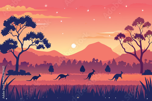 Australian kangaroos silhouetted against a vibrant sunset landscape
