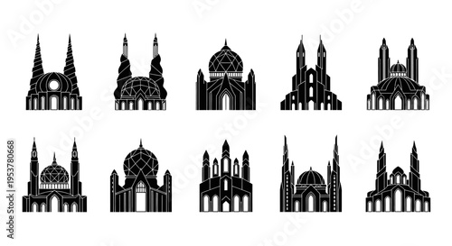 Black silhouette of various cathedrals.