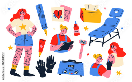 Set of Tattoo salon stickers in trendy cartoon style. Tattoo artist and her client with tattooed body. Professional tattoo studio tools and equipment. Flat vector illustration.