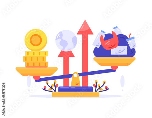 The concept of rising and increasingly expensive global plastic prices. rising prices of plastic materials. raw material value. Illustration of plastic items being weighed with coins. Economic problem