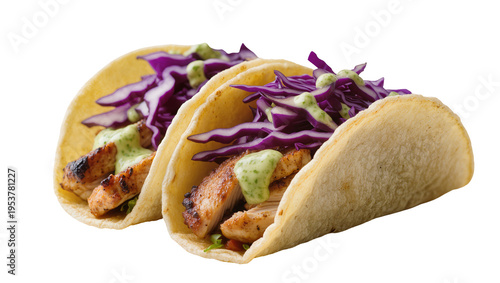 Cuadro en lienzo Two delicious grilled chicken tacos with vibrant purple cabbage and creamy green