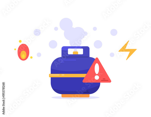 the concept of the danger of gas leaks. LPG gas leak warning, keep away from sources of fire or electrical sparks. alert and awareness. Flat style illustration. White background.