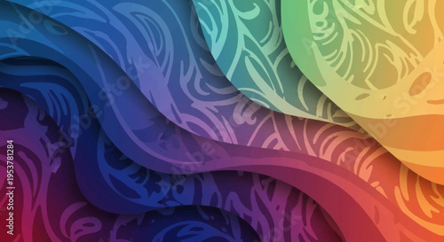 Abstract layered design of colorful curving shapes with a patterned overlay composition