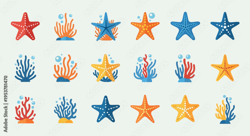 Obraz premium Colorful starfish and coral reef icons.