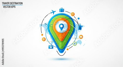 Vibrant Travel Destination Icon with Global Connectivity and Transportation Elements.