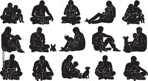 Silhouettes of people sitting with pets and loved ones