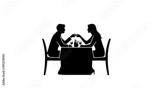 Valentine couple dinner silhouette vector romantic date illustration isolated on white background