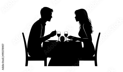Romantic dinner couple silhouette vector illustration Valentine love scene isolated on white background