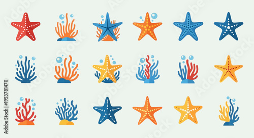 Colorful starfish and coral reef icons.