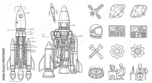 Detailed rocket ship technical drawing.
