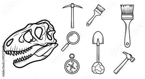 Dinosaur Fossil Hunting Tools Icon Set.
