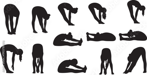 Yoga poses in black silhouette on white background various
