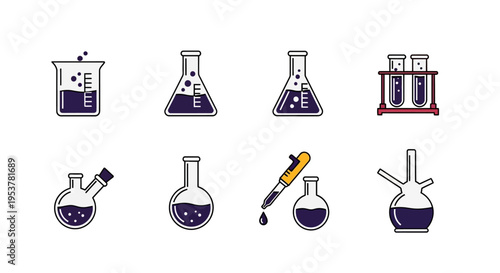 Illustrated laboratory equipment icons on a white backdrop, perfect for scientific themes