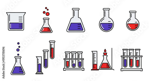 Illustrated laboratory glassware and test tubes with colorful liquids for scientific studies