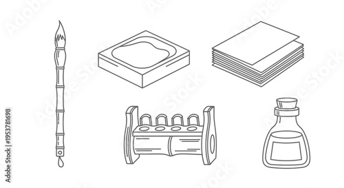 Drawing of writing and art supplies.