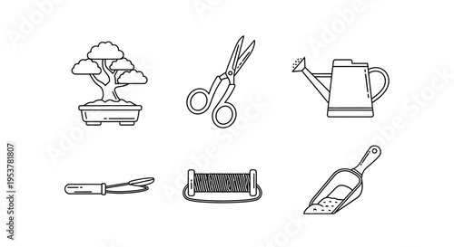 Gardening tools and bonsai tree icons.