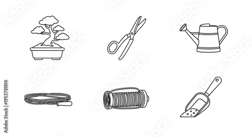 Gardening tools and plant pot icons.