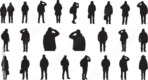 Silhouettes of people in various poses and business attire standing