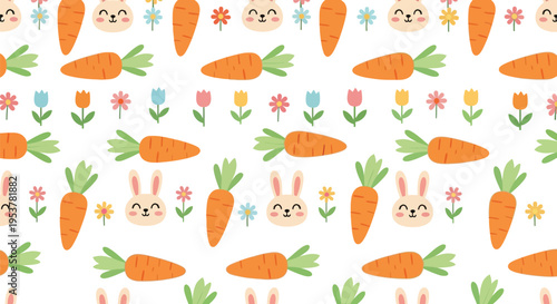 A charming seamless vector pattern featuring cute bunny faces, carrots, and colorful spring blossoms