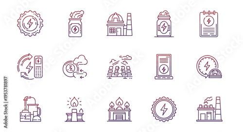 Illustration depicting energy production, sustainable sources, and related technological symbols