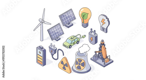 Illustration depicting various sustainable energy sources and their application for future