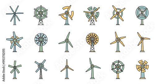 Illustration depicting various wind turbines for renewable energy and sustainable development