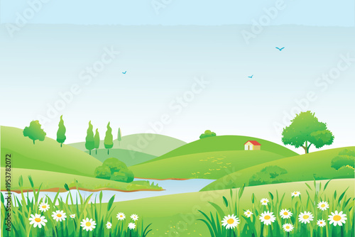 Serene landscape featuring rolling green hills and a small house