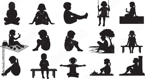 Silhouettes of children in various playful poses and activities